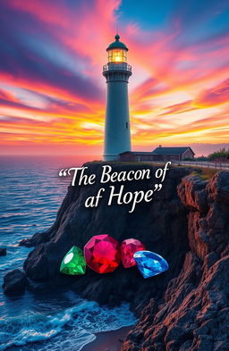 A majestic lighthouse standing tall on a rugged cliff, overlooking a serene ocean at sunset, with vibrant colors reflecting off the water