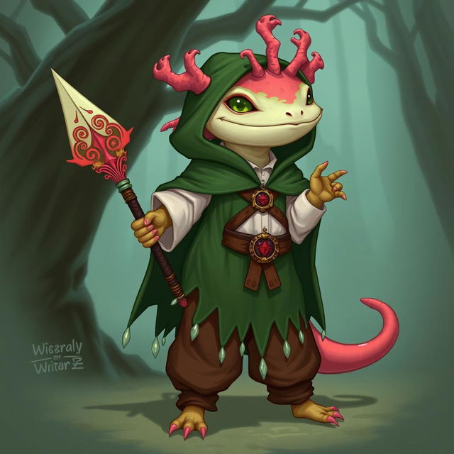 An axolotl wizard designed for a DND campaign, holding a beautifully crafted coral spear with intricate designs