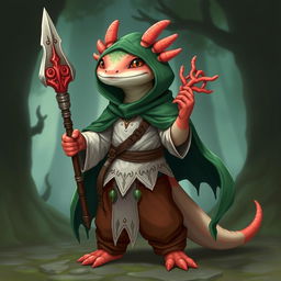 An axolotl wizard designed for a DND campaign, holding a beautifully crafted coral spear with intricate designs