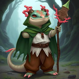 An axolotl wizard designed for a DND campaign, holding a beautifully crafted coral spear with intricate designs