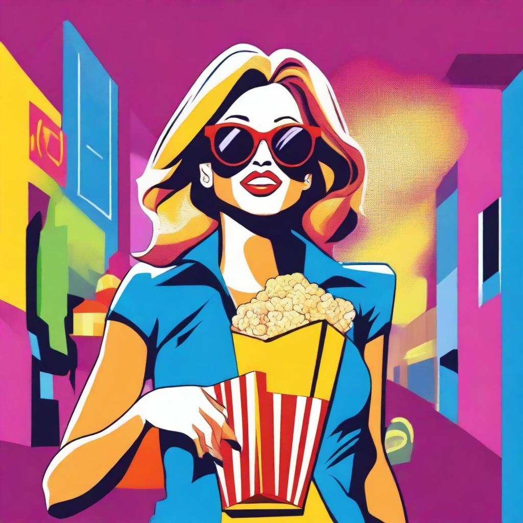 An animated woman in pop art style, wearing sunglasses, enjoying popcorn and carrying a shopping bag in a vibrant environment