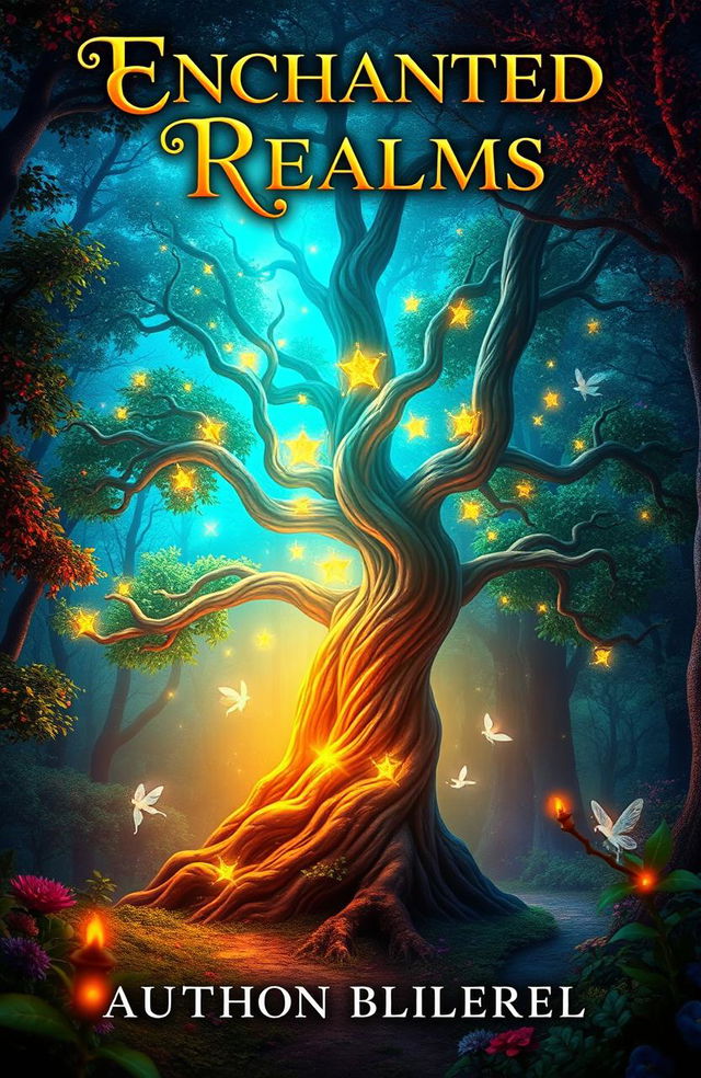 An eye-catching Amazon ebook cover featuring a mystical forest with vibrant colors, where a glowing magical tree stands in the center