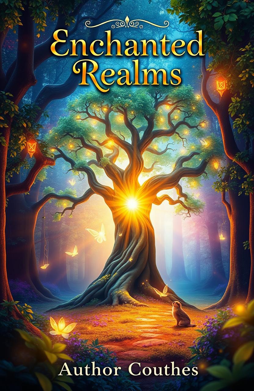 An eye-catching Amazon ebook cover featuring a mystical forest with vibrant colors, where a glowing magical tree stands in the center