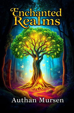 An eye-catching Amazon ebook cover featuring a mystical forest with vibrant colors, where a glowing magical tree stands in the center