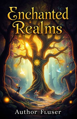 An eye-catching Amazon ebook cover featuring a mystical forest with vibrant colors, where a glowing magical tree stands in the center