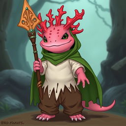 An axolotl wizard designed for a DND campaign, proudly holding a beautifully crafted coral spear adorned with intricate details