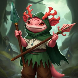 An axolotl wizard designed for a DND campaign, proudly holding a beautifully crafted coral spear adorned with intricate details