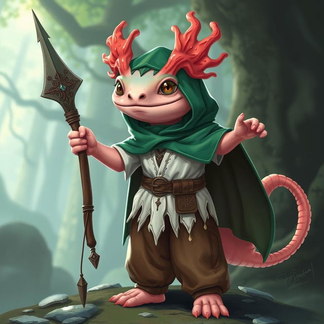 An axolotl wizard designed for a DND campaign, proudly holding a beautifully crafted coral spear adorned with intricate details