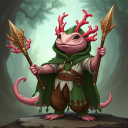 An axolotl wizard designed for a DND campaign, proudly holding a beautifully crafted coral spear adorned with intricate details