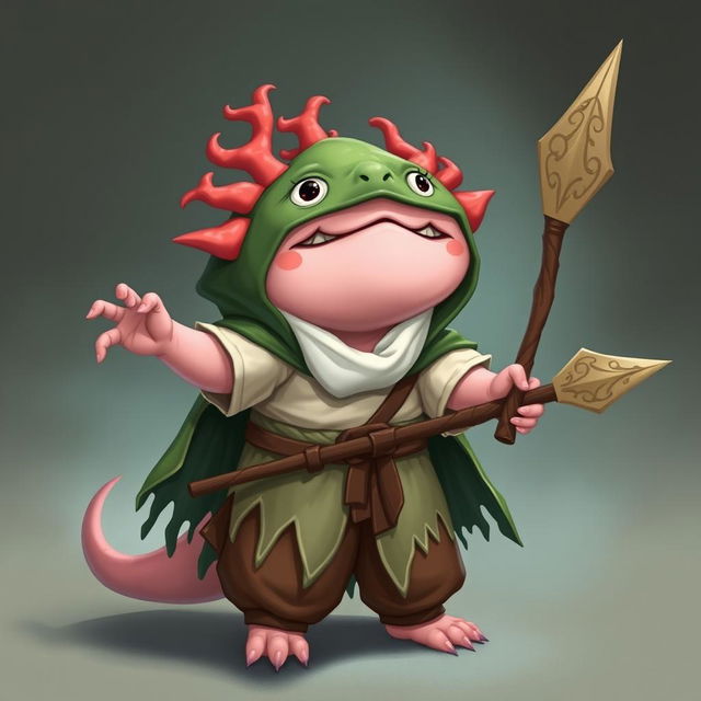 An endearing axolotl wizard designed for a DND campaign, joyfully holding a coral spear with intricate designs