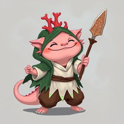 An endearing axolotl wizard designed for a DND campaign, joyfully holding a coral spear with intricate designs