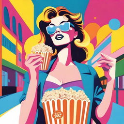 An animated woman in pop art style, wearing sunglasses, enjoying popcorn and carrying a shopping bag in a vibrant environment