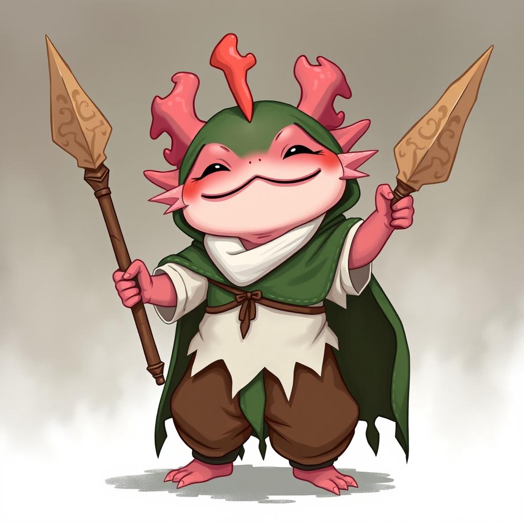 An endearing axolotl wizard designed for a DND campaign, joyfully holding a coral spear with intricate designs