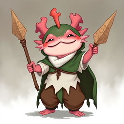 An endearing axolotl wizard designed for a DND campaign, joyfully holding a coral spear with intricate designs