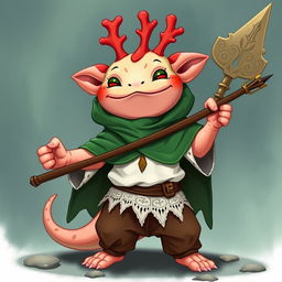 An endearing axolotl wizard designed for a DND campaign, joyfully holding a coral spear with intricate designs