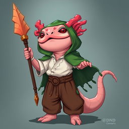 A humanoid axolotl wizard for a DND campaign, joyfully holding a beautifully crafted coral spear