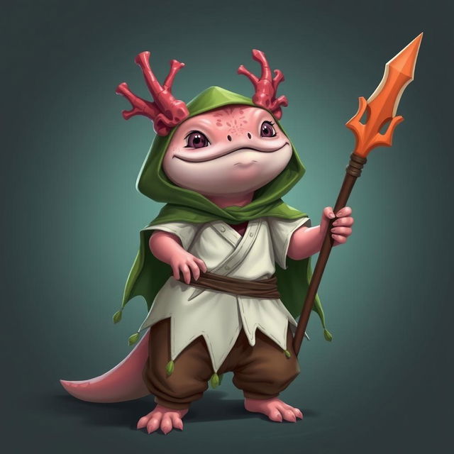 A humanoid axolotl wizard for a DND campaign, joyfully holding a beautifully crafted coral spear