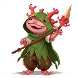 A humanoid axolotl wizard for a DND campaign, joyfully holding a beautifully crafted coral spear