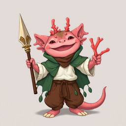 A humanoid axolotl wizard for a DND campaign, joyfully holding a beautifully crafted coral spear