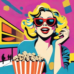 An animated woman in pop art style, wearing sunglasses, enjoying popcorn and carrying a shopping bag in a vibrant environment