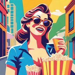 An animated woman in pop art style, wearing sunglasses, enjoying popcorn and carrying a shopping bag in a vibrant environment