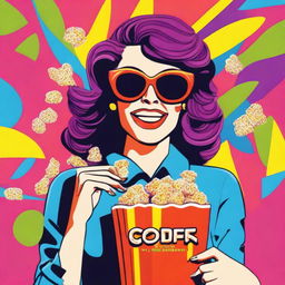 A pop art-styled animated woman with sunglasses, eating popcorn and holding a shopping bag in vivid, bold colours.