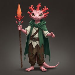 A tall and lanky humanoid axolotl wizard designed for a DND campaign, holding a beautifully crafted coral spear