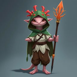 A tall and lanky humanoid axolotl wizard designed for a DND campaign, holding a beautifully crafted coral spear