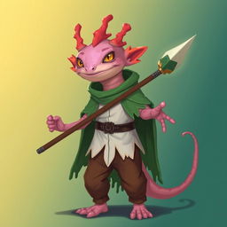 A tall and lanky humanoid axolotl wizard designed for a DND campaign, holding a beautifully crafted coral spear