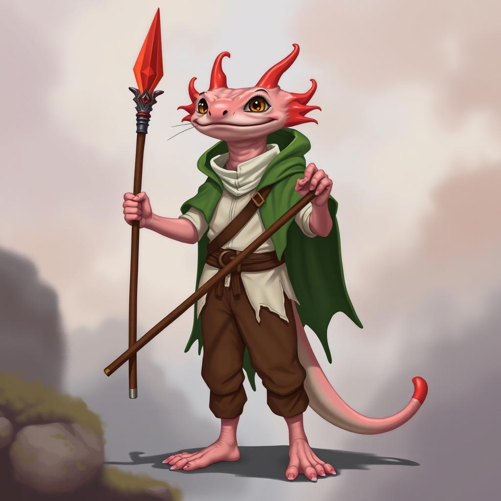 A tall, lanky, humanoid axolotl wizard designed for a DND campaign, confidently holding a striking coral spear