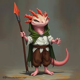 A tall, lanky, humanoid axolotl wizard designed for a DND campaign, confidently holding a striking coral spear