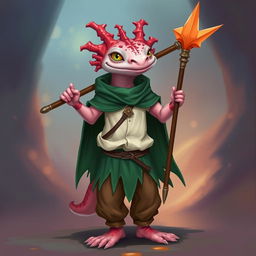 A tall, lanky, humanoid axolotl wizard designed for a DND campaign, confidently holding a striking coral spear