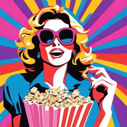 A pop art-styled animated woman with sunglasses, eating popcorn and holding a shopping bag in vivid, bold colours.