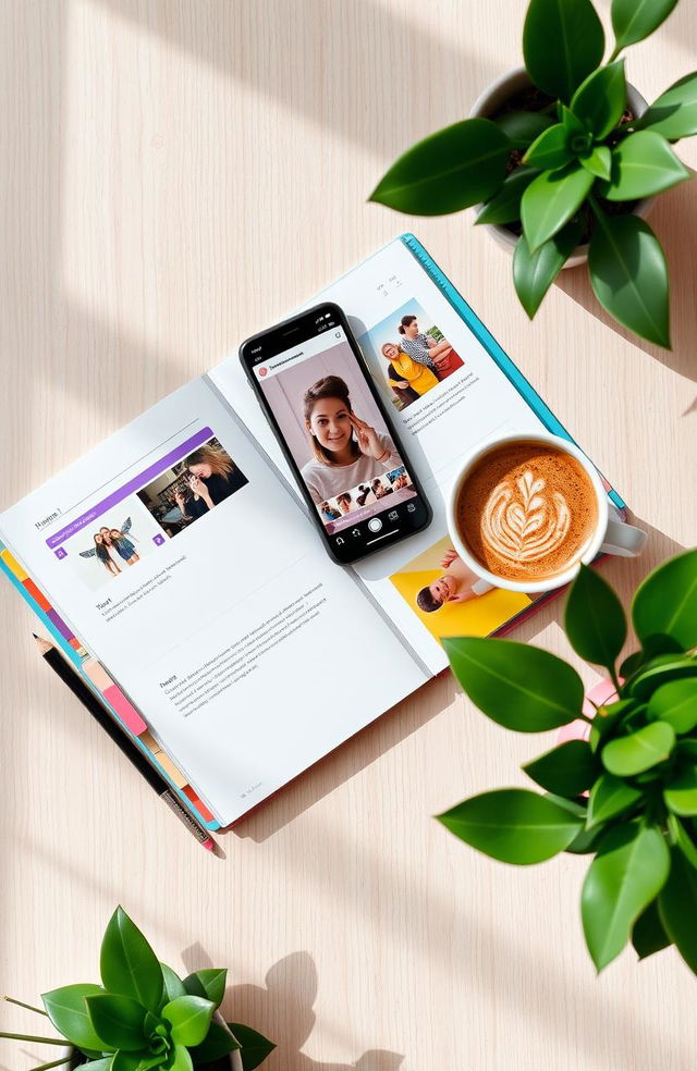 A stylish and vibrant flat lay of a trendy Instagram feed setup, featuring an open planner with colorful pages, a smartphone displaying an aesthetically pleasing Instagram profile with curated photos, a cup of beautiful latte art, and some lush green plants surrounding the scene