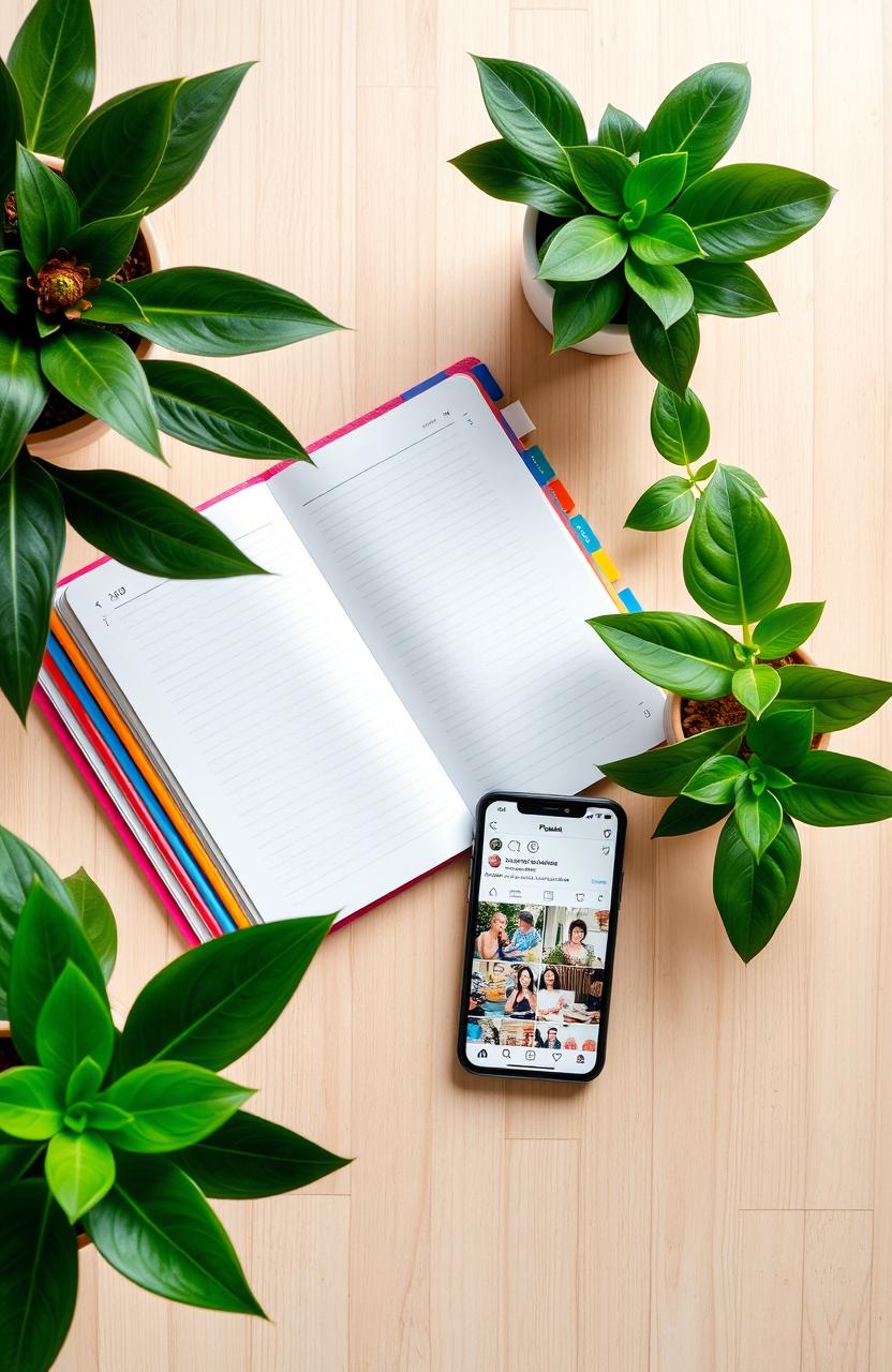 A stylish and vibrant flat lay of a trendy Instagram feed setup, featuring an open planner with colorful pages, a smartphone displaying an aesthetically pleasing Instagram profile with curated photos, a cup of beautiful latte art, and some lush green plants surrounding the scene