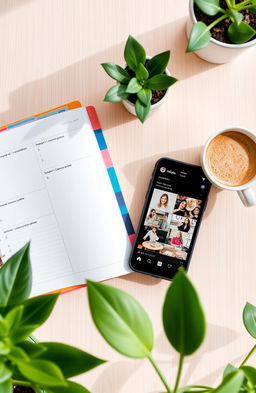 A stylish and vibrant flat lay of a trendy Instagram feed setup, featuring an open planner with colorful pages, a smartphone displaying an aesthetically pleasing Instagram profile with curated photos, a cup of beautiful latte art, and some lush green plants surrounding the scene