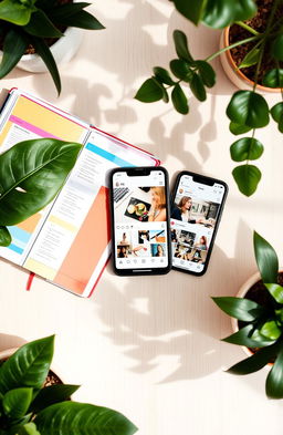 A stylish and vibrant flat lay of a trendy Instagram feed setup, featuring an open planner with colorful pages, a smartphone displaying an aesthetically pleasing Instagram profile with curated photos, a cup of beautiful latte art, and some lush green plants surrounding the scene