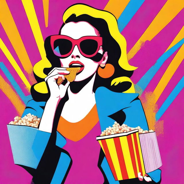 A pop art-styled animated woman with sunglasses, eating popcorn and holding a shopping bag in vivid, bold colours.