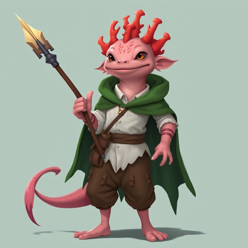 A tall and lanky humanoid axolotl wizard designed for a DND campaign, confidently holding a beautifully crafted coral spear