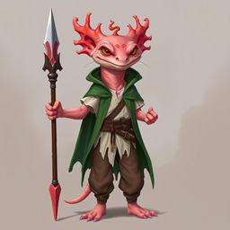 A tall and lanky humanoid axolotl wizard designed for a DND campaign, confidently holding a beautifully crafted coral spear