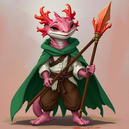 A tall and lanky humanoid axolotl wizard designed for a DND campaign, confidently holding a beautifully crafted coral spear