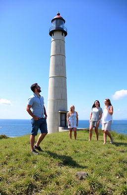 A picturesque scene featuring a tall, rustic lighthouse standing proudly against a clear blue sky