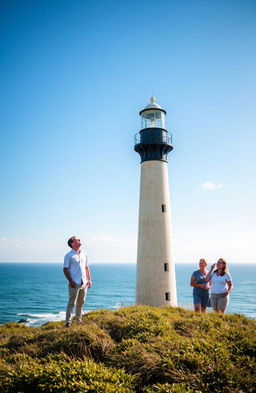 A picturesque scene featuring a tall, rustic lighthouse standing proudly against a clear blue sky