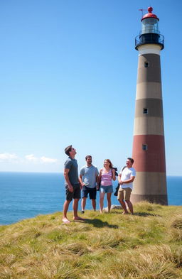 A picturesque scene featuring a tall, rustic lighthouse standing proudly against a clear blue sky