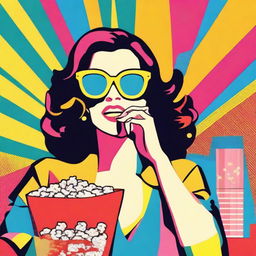 A pop art-styled animated woman with sunglasses, eating popcorn and holding a shopping bag in vivid, bold colours.