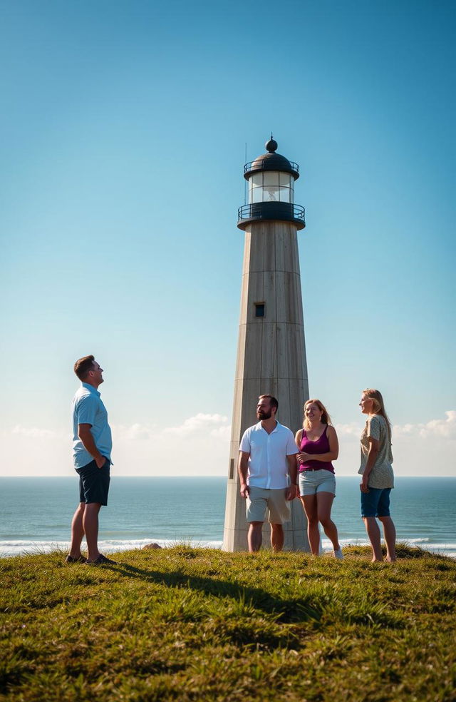 A picturesque scene featuring a tall, rustic lighthouse standing proudly against a clear blue sky