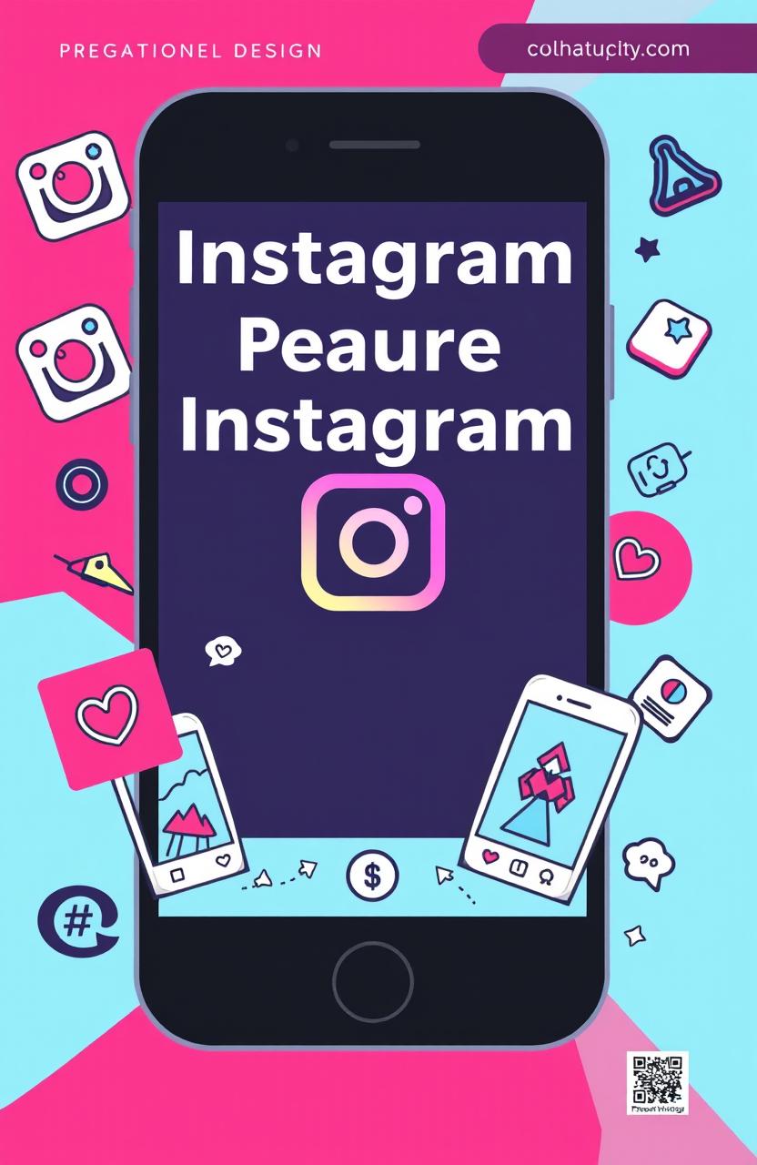 A stylish and modern cover design for a scientific paper themed around Instagram, featuring a vibrant color palette that includes shades of pink, blue, and white