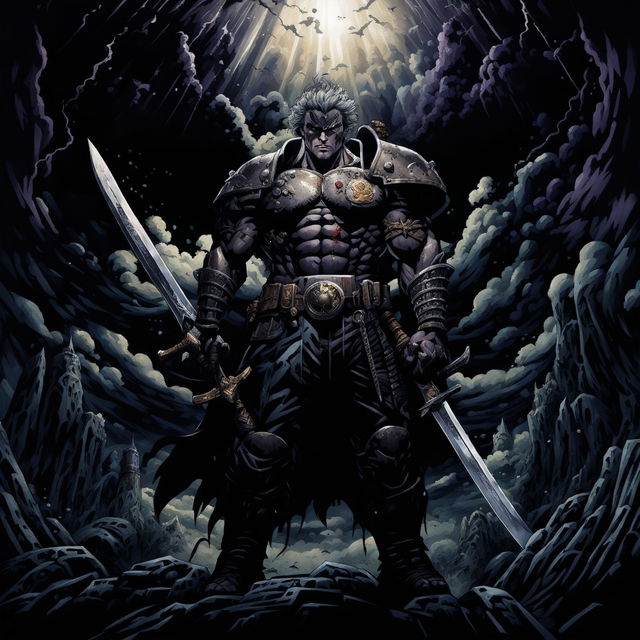 Digital art of Guts from Berserk in his Black Swordsman armor holding the Dragon Slayer in a dark fantasy landscape filled with jagged rocks, twisted roots, towering spires and crumbling ruins under a stormy sky