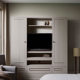 An elegant TV cabinet wall unit design, blending seamlessly into a bedroom setting, featuring an adjacent clothing cabinet.