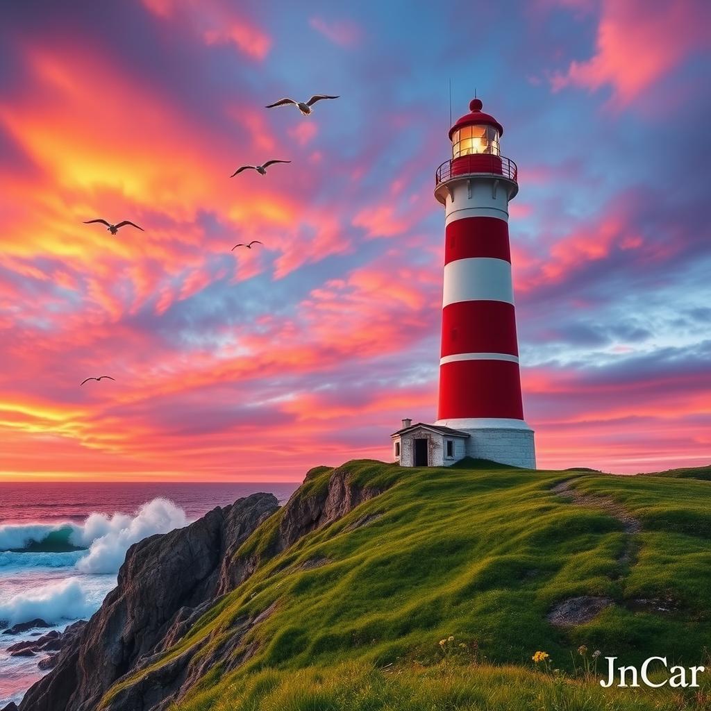 A majestic lighthouse standing tall on a rugged cliff, against a beautiful sunset sky filled with vibrant oranges, pinks, and purples